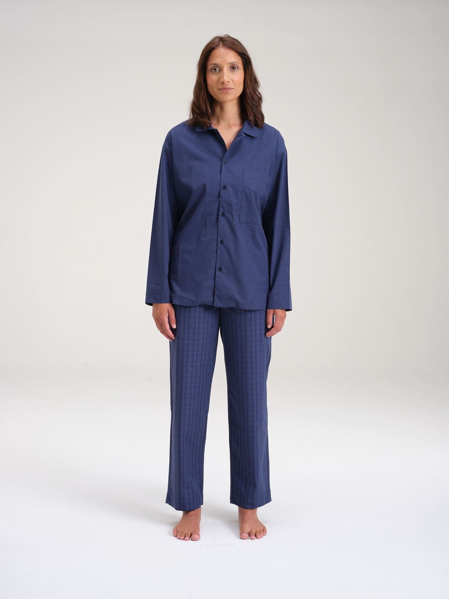 Avonté Pyjama Shirt midnight navy check Nachtwäsche Größe XS